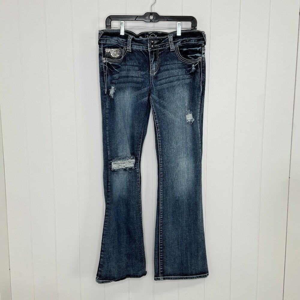 Vanity‎ Jeans Flare Low Rise 29W 33L Distressed Flare Jeans Y2K Embellished
